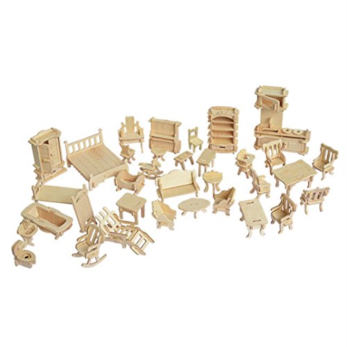LOVEINUSA 34 PCS DIY Wooden Dollhouse Furniture Set, 1:24 Scale Miniature Room Accessories for Kitchen Living Room Bathroom for DIY Crafts Project