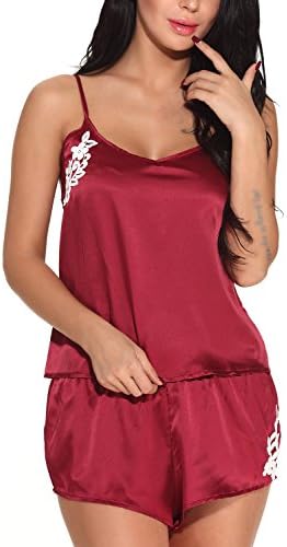 Miss Enigma Women Sexy Lingerie Full Slips Satin Sleepwear Nightwear Pajamas Cami Shorts Set Red 2XL