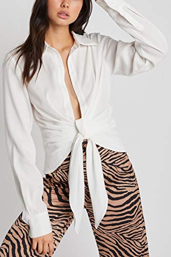 Donnalla 2019 Women Deep V Neck Long Sleeve Shirt Tie Front Kimono Cover Up Casual Blouse Tops (White, Size L)