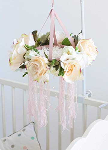 Floral Crib Mobile Baby Chandelier Flower Dreamcatcher Baby Girl Ivory Mobile for Crib Bohemian Nursery Decor Diam 14 inch(35 cm) Baby Shower Gift - Thumbnail 4