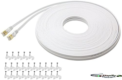 Cat7 Flat Ethernet High Speed Internet Patch Networking Computer Network 100 Feet Long Cord Category 7 Durable Cables Snagless Shielded Gold Plated RJ45 Connectors 10GB 25 LAN Cable Clips 100ft White