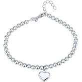 Vanbelle Sterling Silver Jewelry - Rhodium Plated with 925 Stamp - Beaded Chain with Hanging Heart Charm Bracelet - Handcrafted for Women - 6.5" long + 1" extender