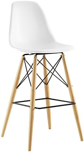 ModwayPyramid Mid-Century Modern Bar Stool with Natural Wood Legs in White