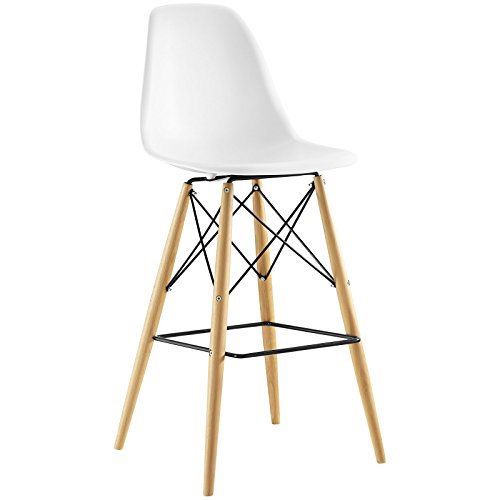 ModwayPyramid Mid-Century Modern Bar Stool with Natural Wood Legs in White