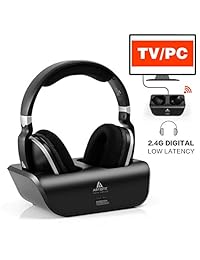 Auriculares inalámbricos de TV con auriculares, estéreo, con transmisor RF de 2,4 GHz, base de carga, alcance inalámbrico de 100 pies y batería recargable de 20 horas, color negro