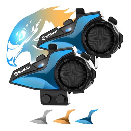 Moman Motorcycle Intercom, H2E Eagle Pair Helmet Headset with Double Chip for Multitasking Audio Headphones for Helmets Distance 1 Km Communication System HiFi/Music Sharing/FM/Voice AI Interphone