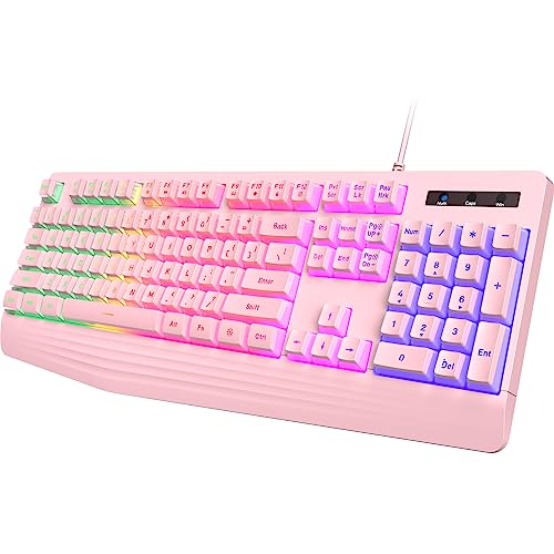 Pink Creamy Keyboard, Rainbow LED Backlit, 104 Keys Silent Light