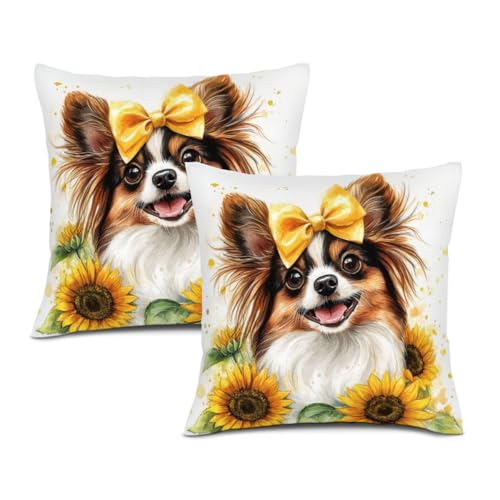 KEEPAEON Papillon Dog Pillow Cases Set of 2, Soft Sunflower Printing Throw Pillow Covers 12x12 Set, Pet Velvet Decor for Couch Living Room at Amazon
