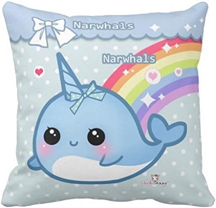 Cute rainbow narwhal on white & blue polka dots pillow case 16*16