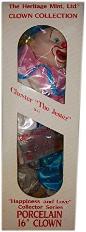 Vintage 1989 The Heritage Mint Clown Collection "Chester The Jester" Porcelain Clown 16" - White &amp; Blue w/ Triangles Design Outfit