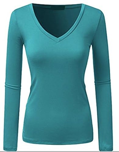 Teal Blue Low-Cut V-Neck Womens Plus Size Long Sleeve T-Shirt Top