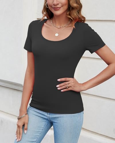 JSQTYSL WOMENS SHORT SLEEVE SCOOP NECK TOPS CASUAL SLIM FITTED BASIC SHIRTS (BLACK,L)