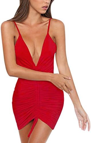 Zerorun Women's Deep V Neck Spaghetti Strap Backless Drawstring Package Hip Bodycon Party Dress