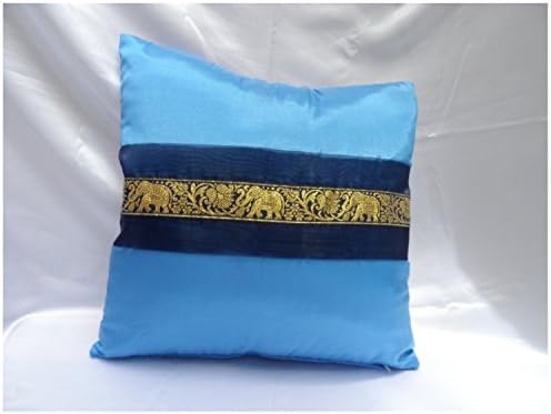 Copter Shop Throw Cushion Cover / Pillow Elephant Middle Textile Design Handmade By Thai Silk Size 16x16 Inches (Light blue with dark blue)