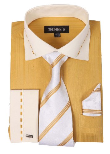 George's Two-tone Shirts w/ Matching Tie, Hanky & French Cuffs AH621-Gold-16-16 1/2-34-35