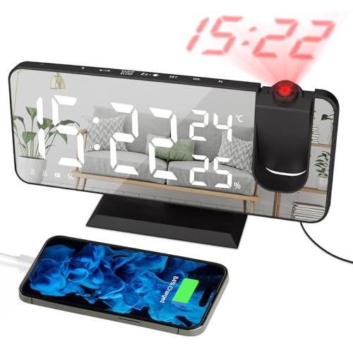 EVILTO Digital Alarm Clock Projector Radio Clock LED Temperature Display Radio Projection Clock USB Charging Port 180° Rotable Projection Time-Black