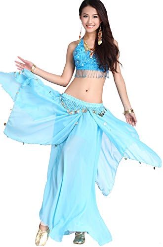 Feimei Woman Exotic Jasmine Belly Dance Costume Set With Halter Top and Sparkly Fringe Skirt (Light Blue)