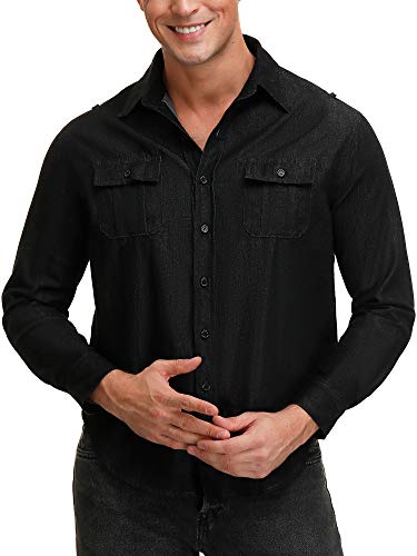 SATINIOR Men\'s Long Sleeve Button Down Shirts Woven Casual Dress Shirt Work Shirts (Black, 40/M)