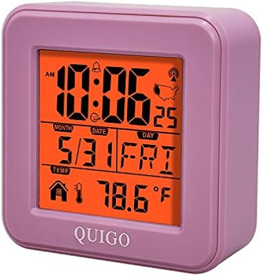 Amazon Com Quigo Small Digital Alarm Clock Atomic Battery Operated Desk Bedroom Bedside Nightstand Kid Smart Travel Temperature Day Date Pink Kitchen Dining