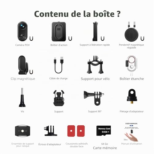 Vlogging Camera 4K 30FPS, 64GB Action Camera, POV Portable Hands-Free, Waterproof 30m Sports Camera, 150°Mini Cam Sports Body Pedestrian for Bike, Skiing, Diving, 270 Min Runtime