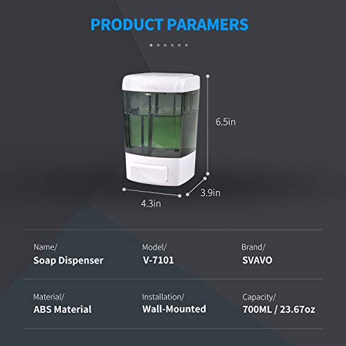 SVAVO Soap Dispenser Wall Mount 23.7oz / 700ml, Refillable Commercial Soap Dispenser, Wall Mounted Liquid Soap Dispensers for Bathroom, Kitchen, Restaurant, Body Wash, ABS Plastic