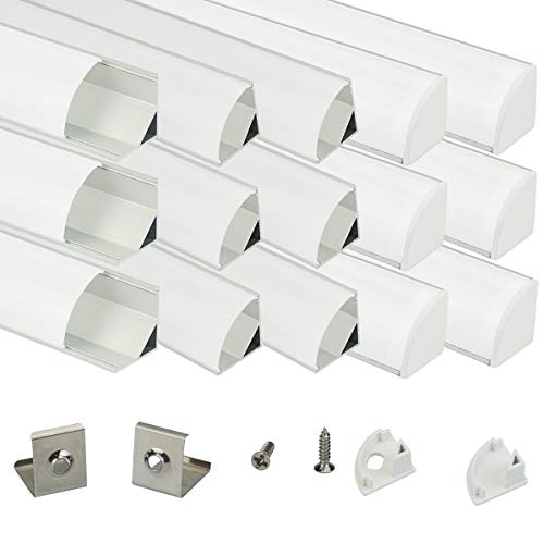 Muzata Aluminum Channel For Led Strip Light With Milky White Curved Diffuser Cover, End Caps, and Mounting Clips. Right Angle Aluminum Profile, V-Shape, 15-Pack 3.3ft/1M V1SW - Thumbnail 6