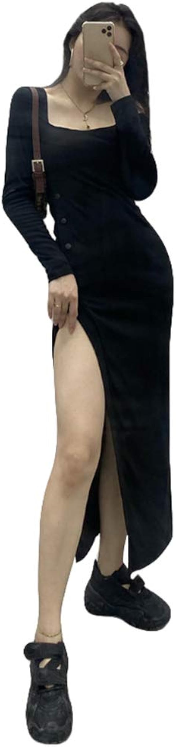 Amazon Qyy長袖 ワンピース レディース タイトワンピース ロング スリット セクシー ドレス ボディコン キャバドレス タイト 着痩せ 黒 ワンピース 大きいサイズ ワンピース チュニック 通販