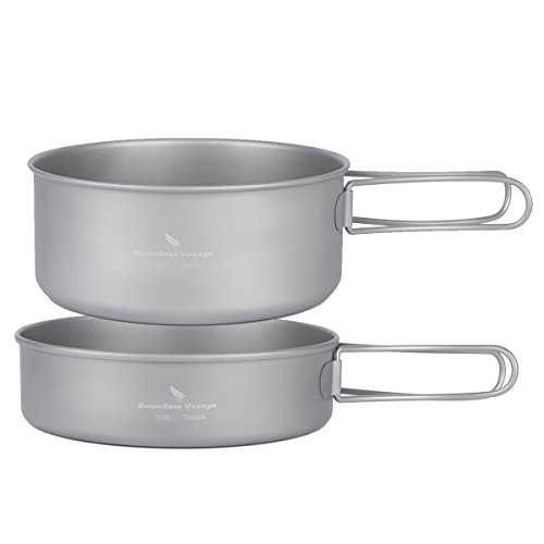 iBasingo Titanium Pot Pan Spoon Spork Mini Stove Sets Outdoor Camping Cooking Sets with Folding Handle Ultralight Portable Dinnerware Cookware Sets for Picnic Travel (Pan & Big Pot (Ti1576I))