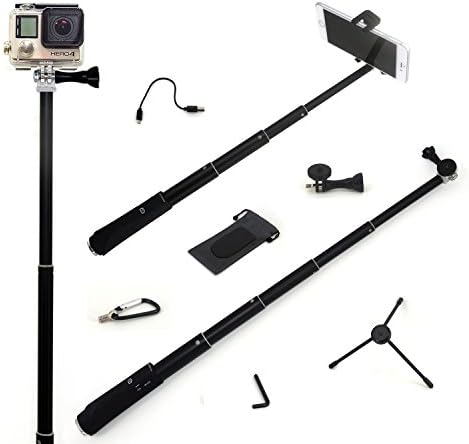 EPABO Selfie Stick + Exclusive Mountaineering Buckle, Waterproof Bag etc, Use as GoPro Pole and Monopod Kit, Mounts to iPhone and Samsung, Hero 4 3 Black Silver + New Grip Plus Handle (With Bluetooth)