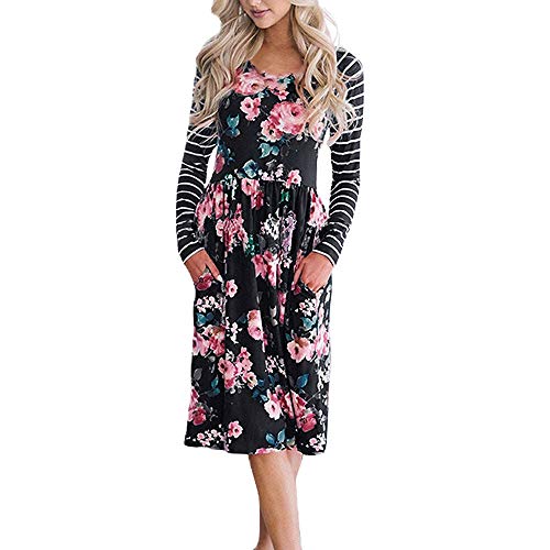 Click Here to See More Images Women Dress,Dainzuy Loose Long Sleeve Floral Print Stripe A-line Dress