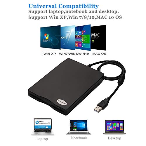 3.5" USB External Floppy Disk Drive Portable 1.44 MB FDD for PC Windows 2000/XP/Vista/7/8/10,for Mac,No Extra Driver Required,Plug and Play,Black (Renewed) - Thumbnail 2