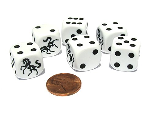 Set of 6 Unicorn 16mm D6 Round Edge Koplow Animal Dice - White with Black Pips by Koplow Games