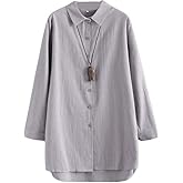 Minibee Women's Cotton Shirts Tunics Hi Low Tops Boyfriend Button Down Blouse