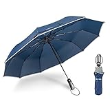 Ace Teah Auto Open Close Umbrella Folding Umbrella 46 Inch 10 Ribs Compact Travel Umbrella Windproof to 60MPH 210T Finest Reinforced with Reflective Strips and Soft Handle for Men and Women, Blue