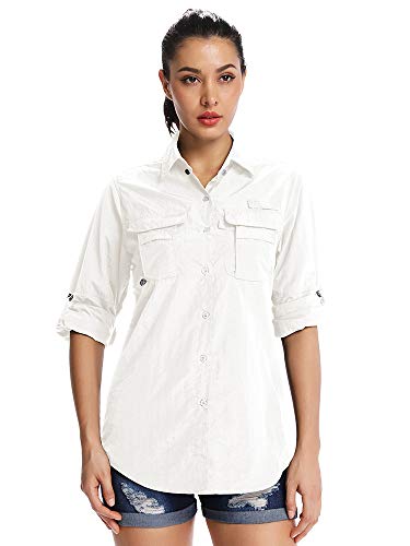 Women's Quick Dry Sun UV Protection Convertible Long Sleeve Shirts for Hiking Camping Fishing Sailing,5055,White,XXL
