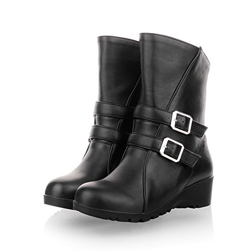 AmoonyFashion Womens Closed Round Toe Low Heels PU Short Plush Solid Boots with Wedge and Heighten Inside, Black, 5 B(M) US AmoonyFashion Womens Closed Round Toe Low Heels PU Short Plush Solid Boots with Wedge and Heighten Inside, Black, 5 B(M) US