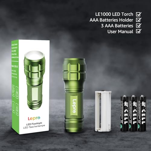LE LED Torch Battery Powered, LE1000 Bright Hand Flashlight, Adjustable Focus, Water Resistant, Lightweight, for Power Cut, Camping, Dog Walking, Easy to Use Small Torch, Gift for Kids Men Dad Him