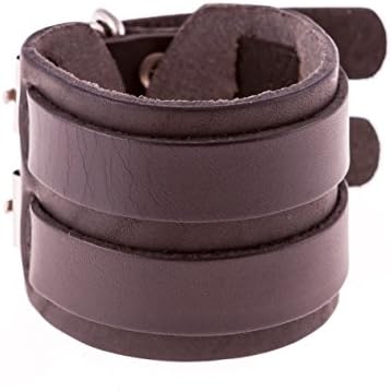 True Heart Style Genuine Leather Chunky Double Buckle Wide Cuff Bracelet, Black