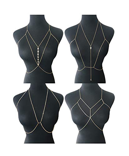 Tornito 4Pcs Bra Chain Sexy Belly Waist Chain Pendent Necklace Summer Beach Bikini Body Chain Jewelry for Women Gold Tone