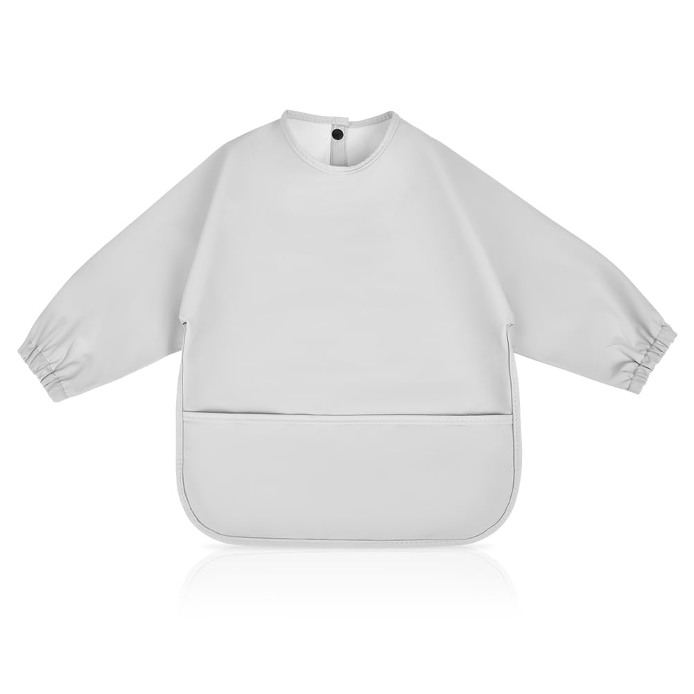 Vicloon Baby Weaning Bibs, PU Feeding Bibs with Long Sleeves and Large Pockets, Waterproof Toddler Bibs Easy to Clean, Suitable for Babies From 6 Months to 12 Months - Light Gray