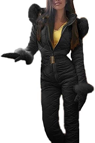 Hibasing Women One Piece Ski Jumpsuit Hooede Winter Warm Snow Skiing Sets