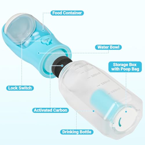 Zivacate Dog Water Bottle, 600 ml Travel Bottle for Dogs, Multifunctional Outdoor Water Dispenser for Dogs and Cats with 100 g Food Container and Poop Bag