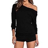 TYFeng Women's Casual One Off Shoulder Long Sleeve Plain Jumpsuit One Piece Rompers (Black, L)