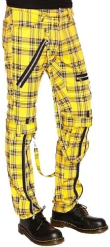 check studs bondage pants punk Rock 鋲 Bondage Straps Punk Yellow Plaid Jeans Pant Alternative Rebel Rock