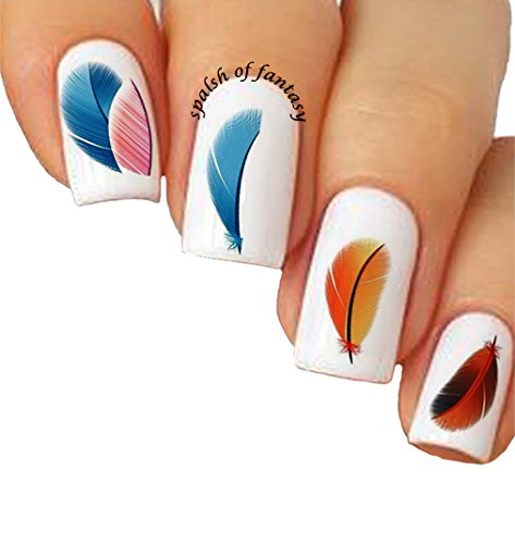 Water Tattoo Nail Art Stickers Feather Mania /III/, Pack of 10  Beautiful Feathers for Bright Manicure