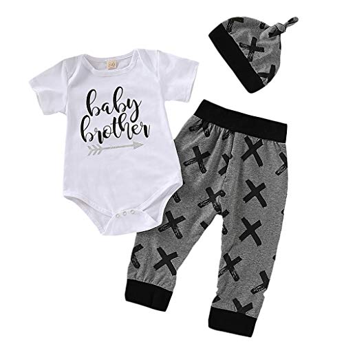NUWFOR Newborn Infant Baby Boy Clothes Letter Romper Tops+ Pants Hat 3PCS Outfits Set(White,0-6 Months)