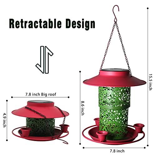 Solar Bird Feeders for Outdoors Hanging Garden Light,Metal Tube Feeders for Wild Birds Cardinals Feeding Station Retractable,3 Water Cups,Big Roof