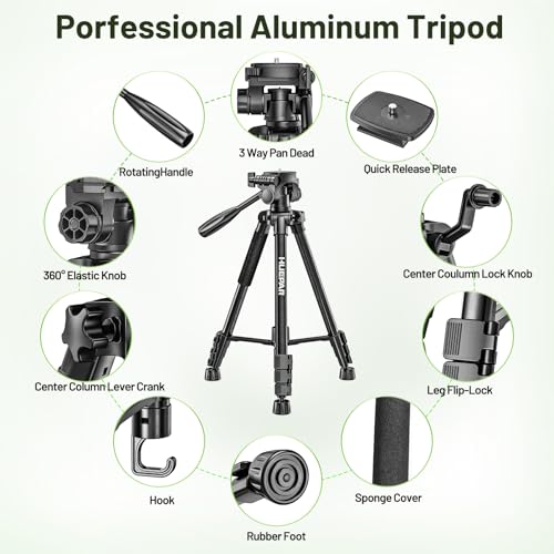 Huepar 146 cm Lightweight Portable Tripod for Laser, Adjustable Construction Tripod with 3-Way Swivel Head, Spirit Levels, 1/4 Inch and 5/8 Inch Thread Connection for Various Tools