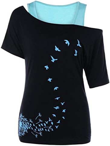 TLTL 2PCS Set Fashion Womens Dandelion Printed Cold Shoulder T-Shirt +Solid Tank Tops