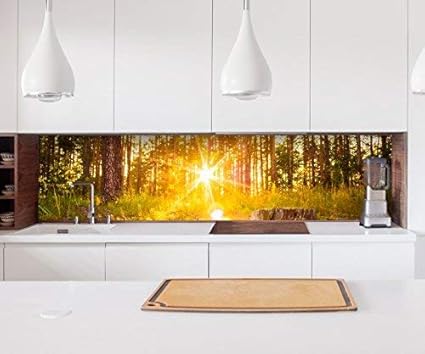 Aufkleber Küchenrückwand Sonnenaufgang Wald Sonne Landschaft Folie selbstklebend Deko Fliesen Möbelfolie Spritzschutz 22A1008